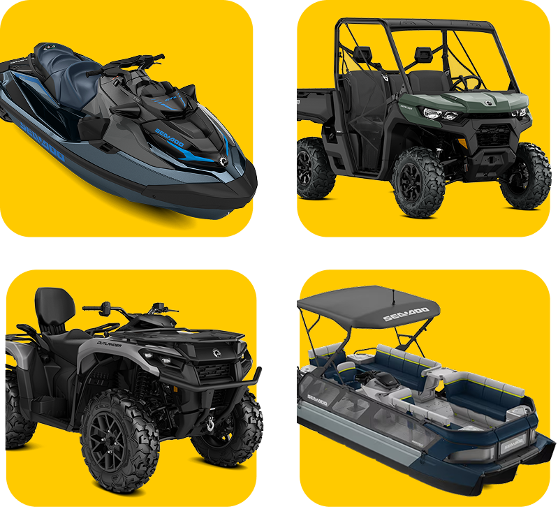 Uma moto aquática Sea-Doo, um UTV Can-Am, um quadriciclo e uma lancha.